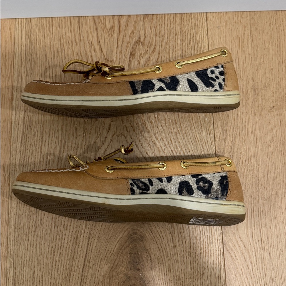 Sperrt Topsiders Tan leather boat shoes w leopard/animal print Sz 7.5 - Picture 4 of 9